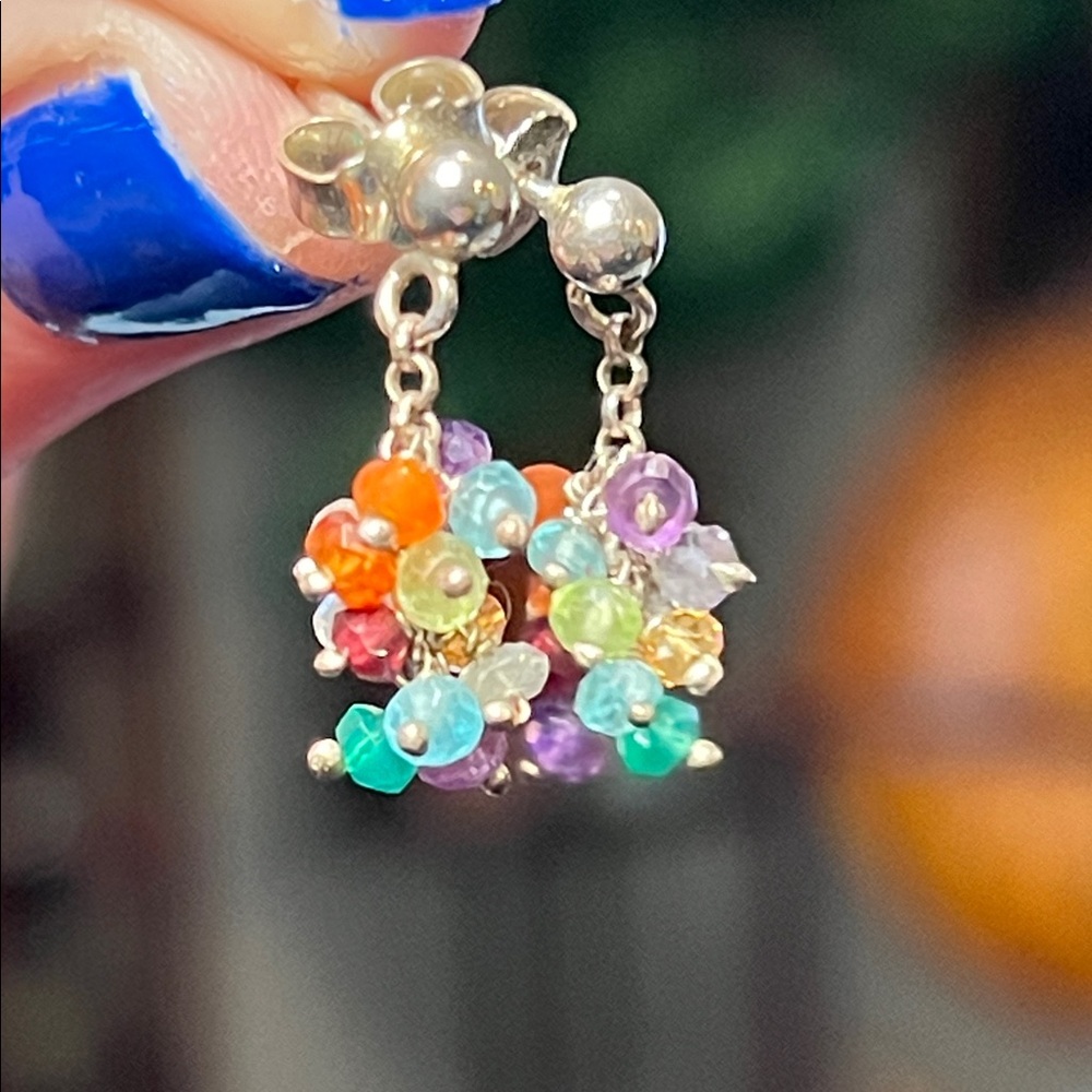 Vintage Artisan Gemstone Cluster Cha Cha Beaded Drop Sterling Silver Earrings